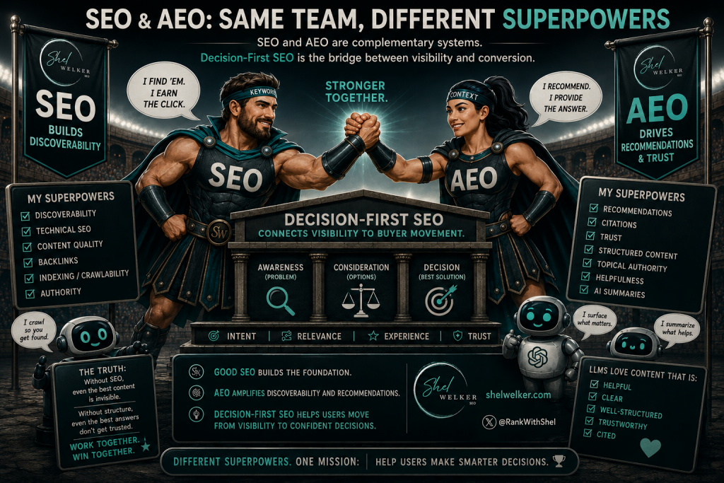 Google AI search guidance infographic showing how traditional SEO, AI visibility SEO, and Decision-First SEO work together to support search discovery, buyer evaluation, and SaaS conversions