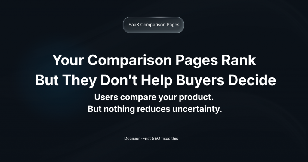 SaaS comparison pages in SEO graphic explaining how comparison pages reduce buyer uncertainty and support evaluation-stage conversions