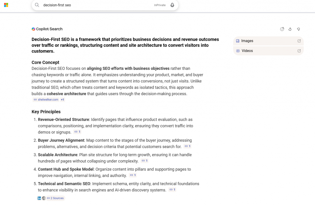 Microsoft Copilot discussing Decision-First SEO framework, buyer journey SEO, and SaaS content architecture