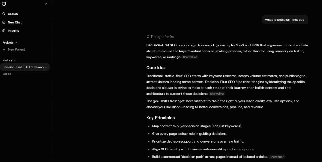 Grok AI explaining Decision-First SEO framework for SaaS buyer journeys, evaluation stages, and conversion-focused content structure