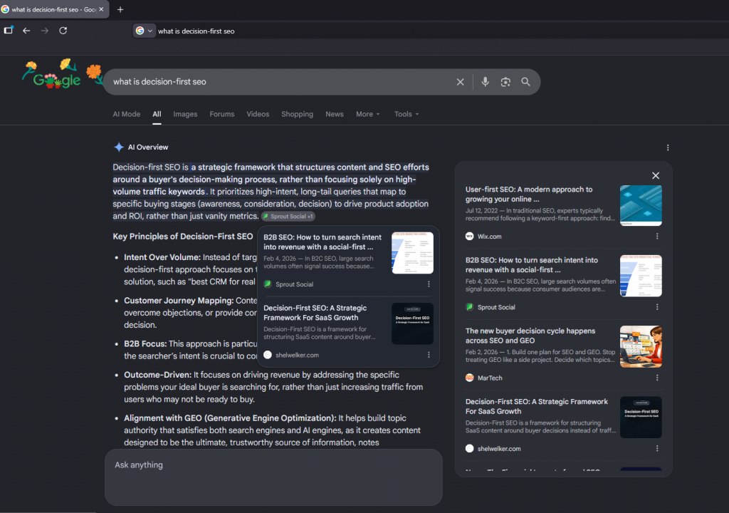 Google AI Overview discussing Decision-First SEO concepts and SaaS buyer-stage SEO framework visibility