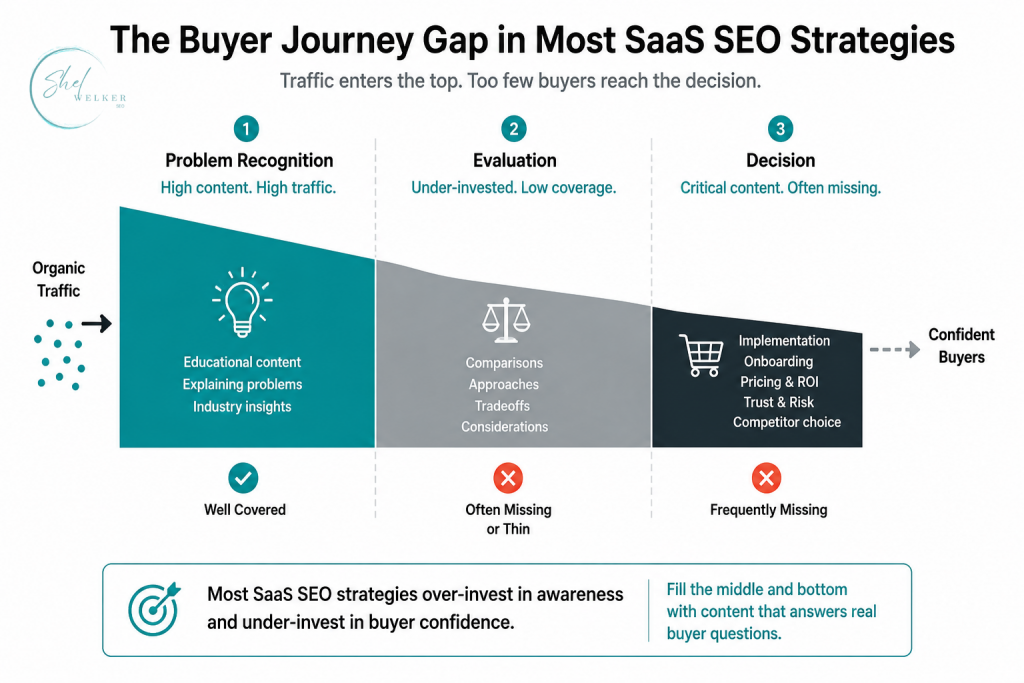 Infographic illustrating SEO and sales misalignment in SaaS, showing a buyer journey gap between Problem Recognition, Evaluation, and Decision stages. Awareness-stage content is well covered, while evaluation and decision-stage content are often missing, reducing buyer confidence and conversions.