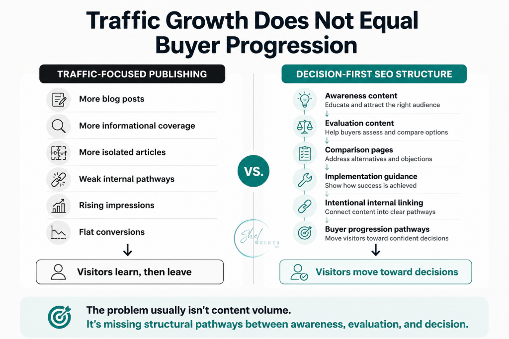 Infographic showing SEO Structure vs More Content by comparing traffic-focused SaaS content publishing with Decision-First SEO structure designed around buyer progression and conversion pathways.