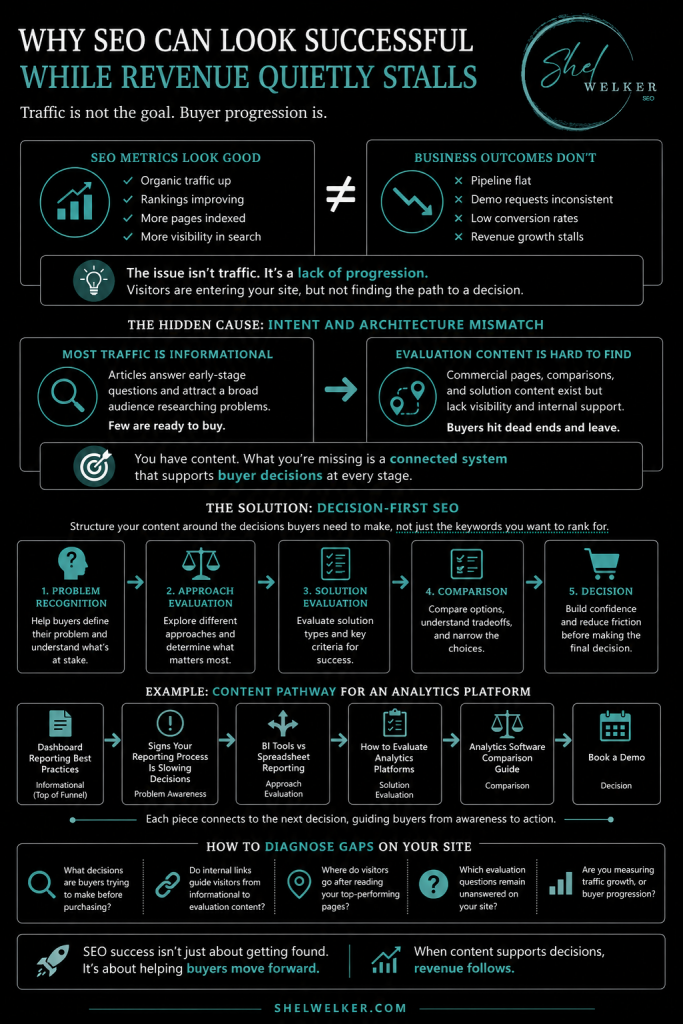 Infographic showing seo traffic but no revenue. The graphic contrasts improving SEO metrics with flat business outcomes, illustrates how informational content often fails to connect to evaluation-stage content, and demonstrates a Decision-First SEO framework that guides buyers from problem recognition through evaluation, comparison, and decision-making.