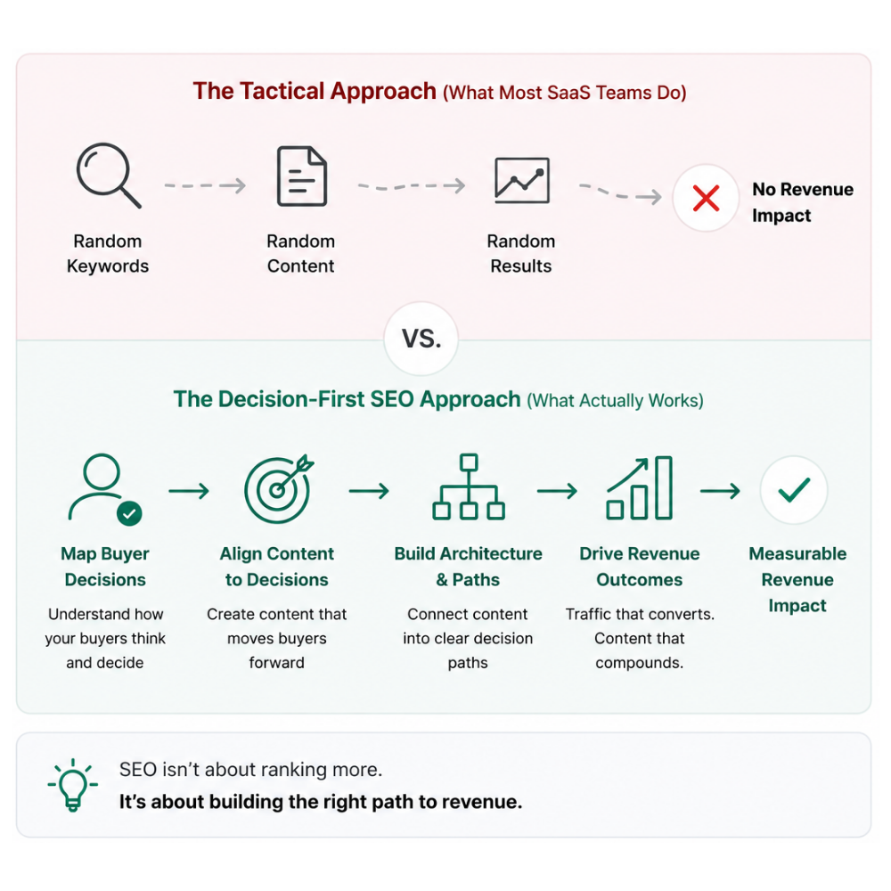 Decision-First SEO infographic showing the difference between random SEO tactics and a structured buyer-decision framework. The process maps buyer decisions, aligns content, builds SEO architecture, and creates measurable revenue impact for SaaS companies.