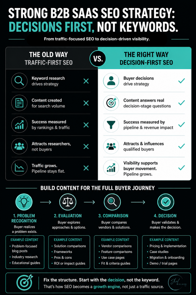 Decision-First SEO infographic showing how a strong B2B SaaS SEO strategy aligns content with buyer decisions across problem recognition, evaluation, comparison, and decision stages